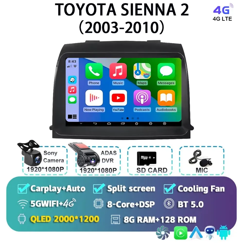 

Автомобильный радиоприемник Android 15 для Toyota Sienna 2 2003-2010 Sienna 3 2011-2013, беспроводной мультимедийный плеер Carplay, Wi-Fi 4G 2 Din
