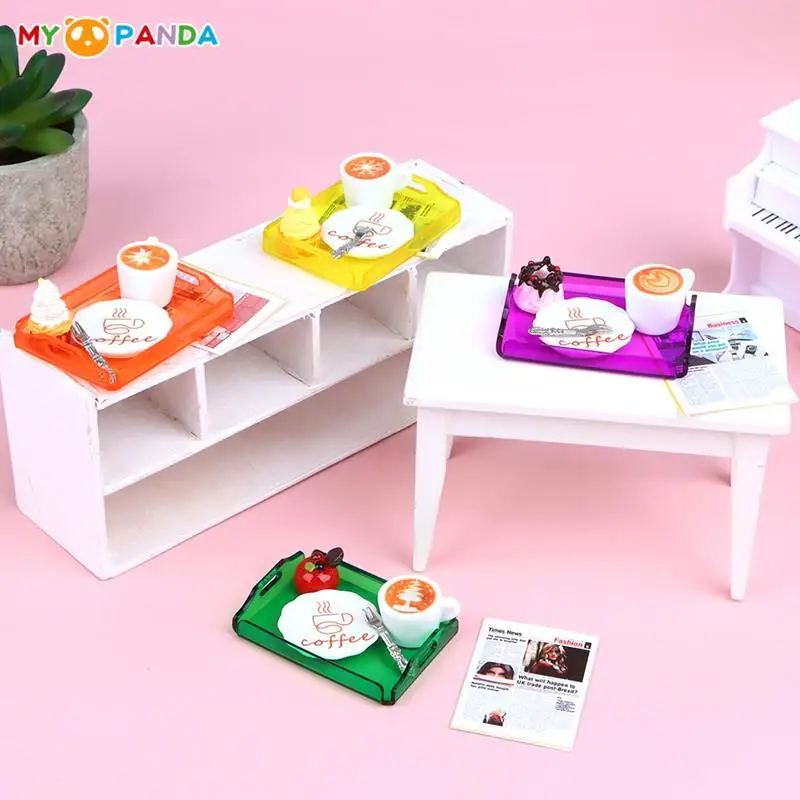 

1Set 1:12 Dollhouse Miniature Coffee Cake Afternoon Tea with Newspaper Fork Tray Breakfast Food Scene Decor Model Accessories