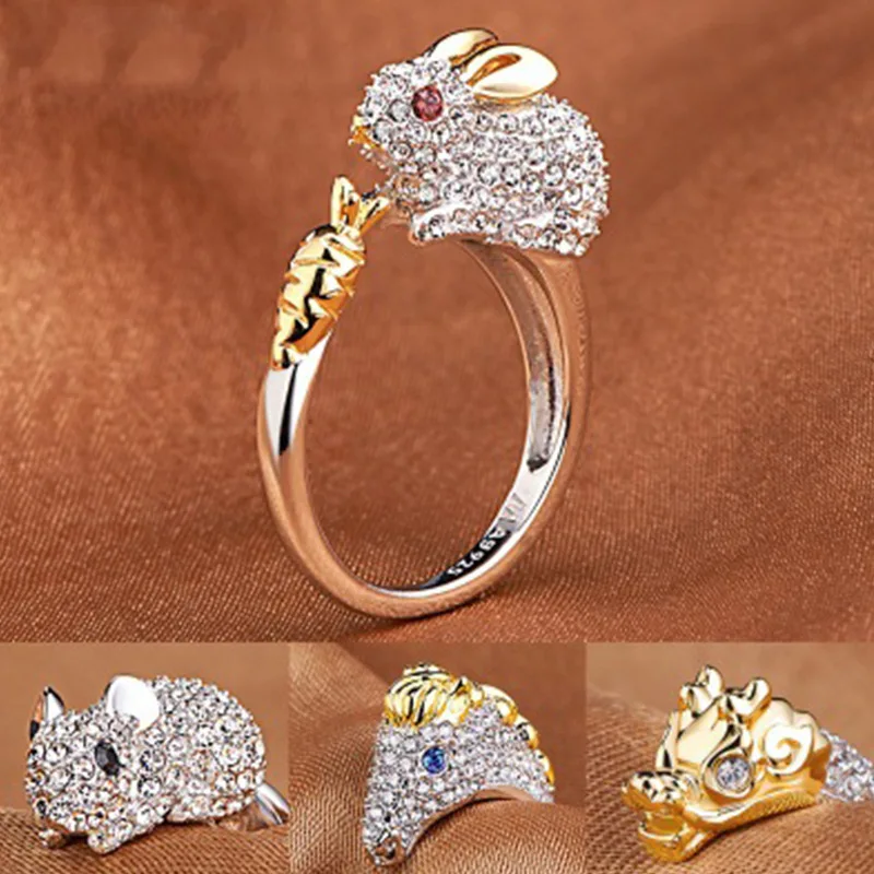 

Milangirl Creative 12 Chinese Zodiac Animal Adjustable Open Ring Engagement Jewelry Anniversary Kids Crystal Ring For Woman