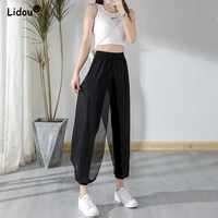 summer new fashion trends black elastic waist loose pencil pants gauze casual solid color simple supple womens clothing 2022