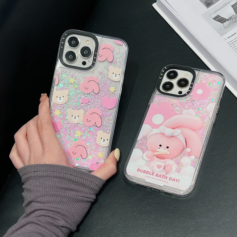 

Чехол для телефона в Корейском стиле с милой мультяшной куклой кроликом медведем блестящий для iPhone 11 12 13 Pro Xs Max Xr X чехол с блестками и жидким ...