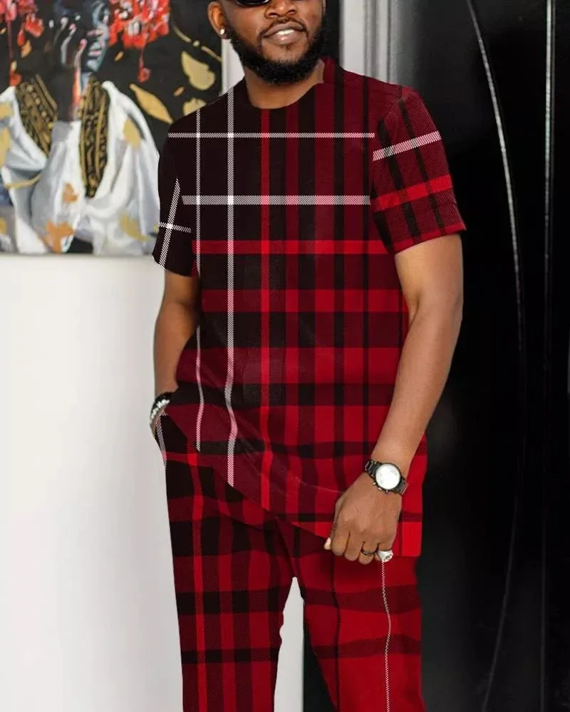 Summer Trousers Men Set Tracksuit Blue Striped Short Sleeve T Shirt Long Pants 2 Piece Fashion Sport Suit Casual Streetwear