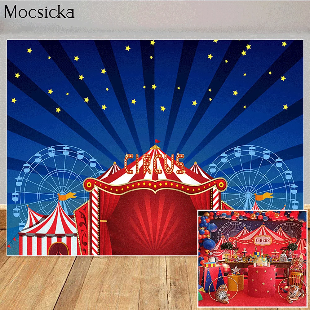 

Circus Theme 1st Birthday Party Backdrop Baby Shower Photography Background Curtain Ferris Wheel Decor Banner Customize Poster