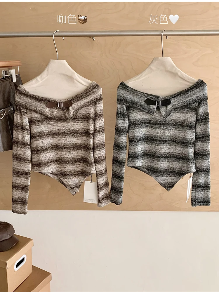Осень-зима для женщин 2000-х годов Эстетический топ Shoujo Girl Винтажные полосатые