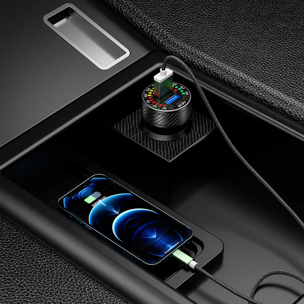 36W Car Charger Dual USB Fast Charging Car Phone Charger Adapter With Colorful Voltmeter ON/OFF Switch For iPhone 14 Car Charger