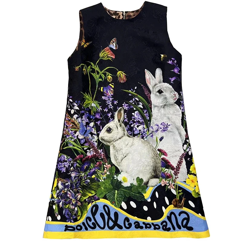 Fashion Runway Designer Women Short Tank Sleeveless Rabbit Flower Print Loose Balck Vintage Mini Summer Dress