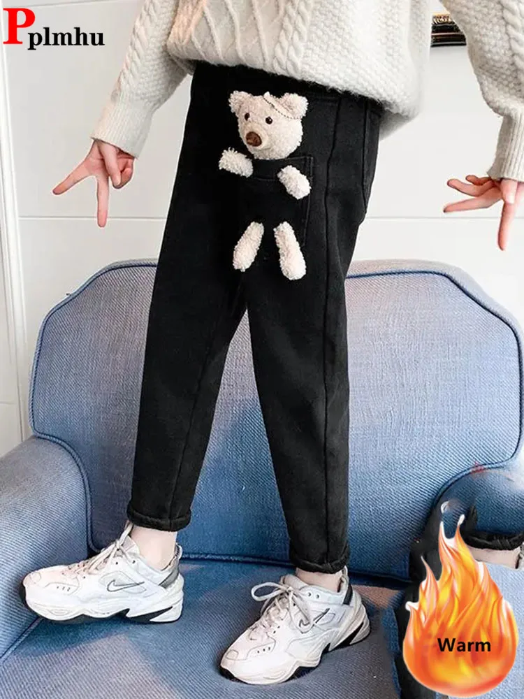 

Winter Velvet Lined Girls Denim Harem Pants 4-16 Teen Warm Children Vaqueros Pantalones Plush High Wiast Casual Kids Denim Calca