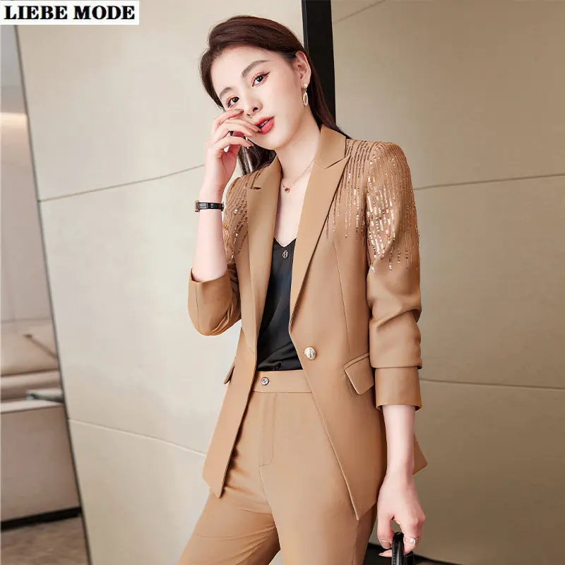 Office Lady Work Sequin Suits Women Professional Business 2 Piece Set Formal Pants Blazer Sets Clothes Suit Female Spring Autumn