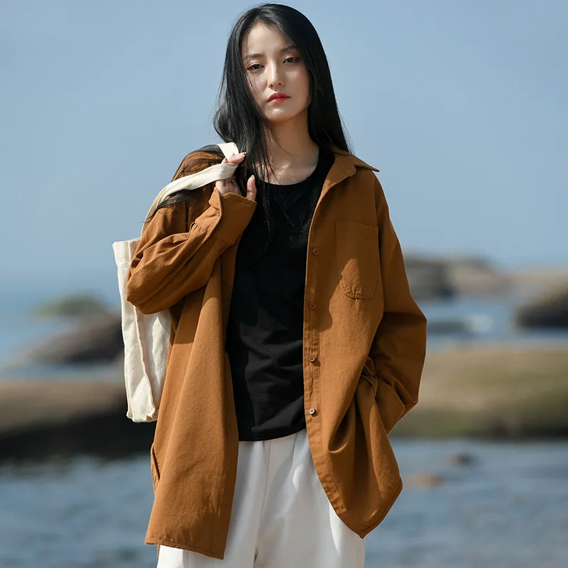 

Рубашка женская средней длины, базовая Свободная верхняя одежда с длинным рукавом, повседневная однобортная блузка с лацканами в винтажном...