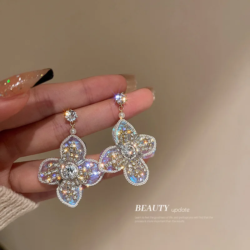 

Full of rhinestones crystal flower braided women's earrings S925 silver needle Korean Mori super fairy shiny luxury