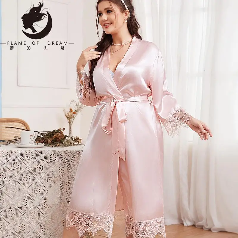 Flame Of Dream Plus Size Summer Nightrobe Simple Casual Cardigan Nightwear  Home Clothes  Bathrobe Ice Silk Nightdress 221459