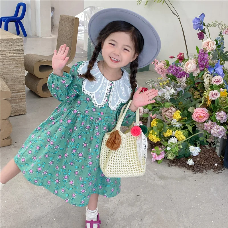 

RiniLucia Sweet Girls Dresses Autumn Girls Princess Dresslong Sleeve Floral Lace Kids Party Girls Dress 2023 Children Clothings