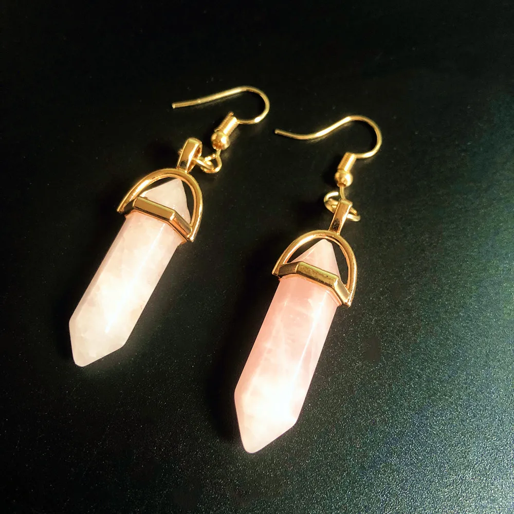 

New Hot Sale Fashion Trend Jewelry Natural Quartz Stone Hexagon Pillar Pendant Earring Jewelry