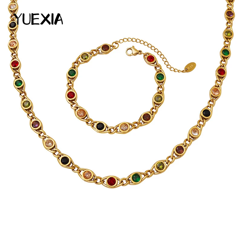 

Trend Colorful Cubic Zircon Bracelet Necklace Gold Color Stainless Steel Colorful Crystal Fisheye Necklace Ins 2023 Jewelry Set