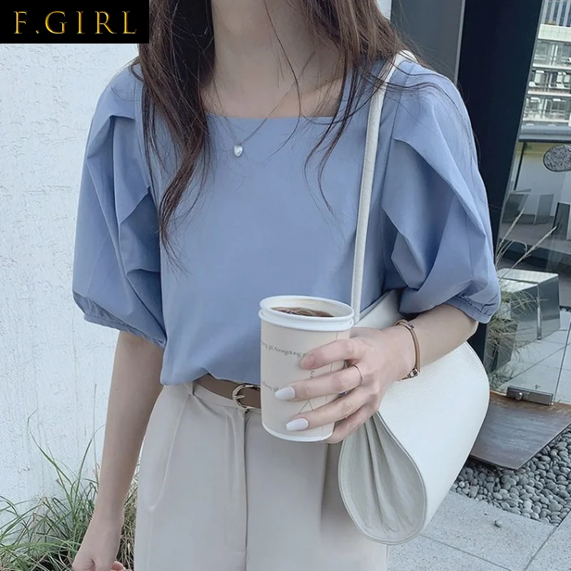 F GIRLS    Women Sweet New Chic 2022 Blouse Solid  Gentle Shirts Office Lady Lantern Sleeves Retro Streetwear Crop Tops