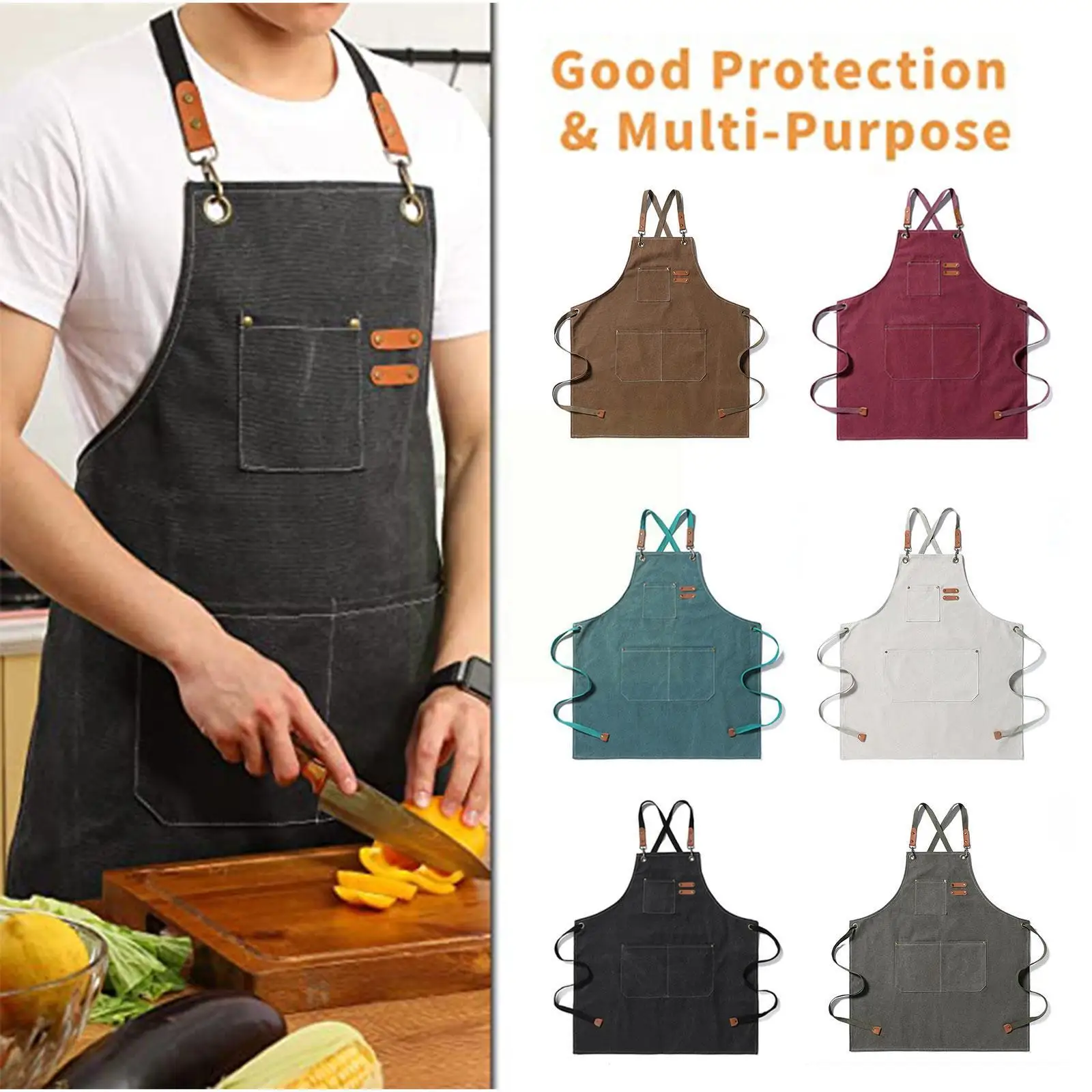 

Adjustment Canvas Apron Waterproof Stain-resistant With Two Pockets Pinafore Kitchen Chef Baking Cooking For Women Men R7y8