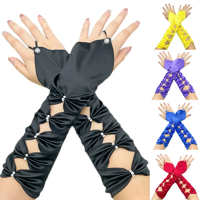 

Женские перчатки без пальцев с вышитыми бусинами, Длинные свадебные перчатки, атласные перчатки до локтя, эластичные Плиссированные Свадеб...