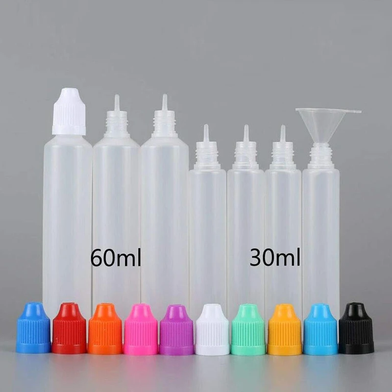 

50Pcs 30ml 60ml Plastic LDPE Squeezable Pen Dropper Bottle E juice Childproof Cap Long Thin Tip w/ Funnels Eye Liquid Containers
