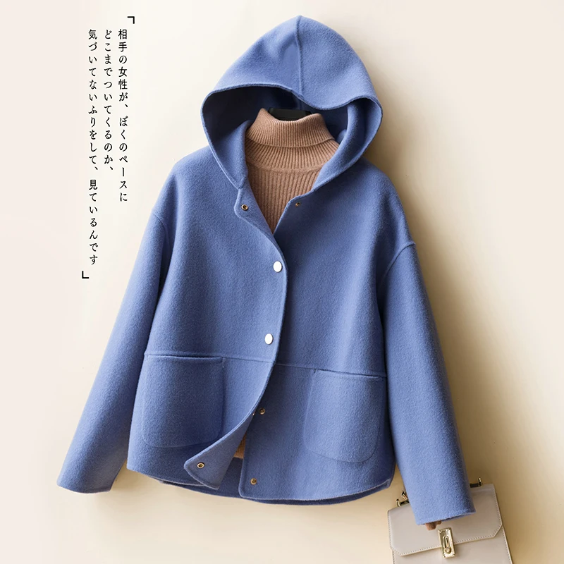 Short hooded double-sided cashmere coat women's 2022 new loose autumn and winter woolen coat straight tube