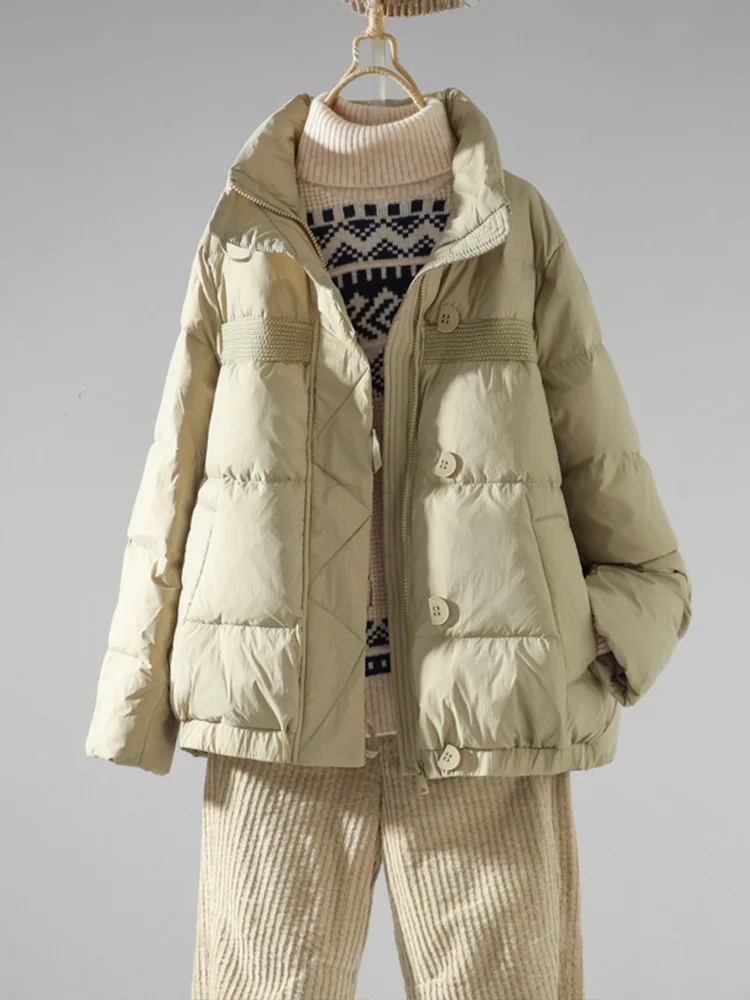 

FTLZZ зимняя женская куртка с воротником-стойкой на молнии и пуговицах, женское повседневное Свободное пальто на белом утином пуху, пуховик, парка, верхняя одежда