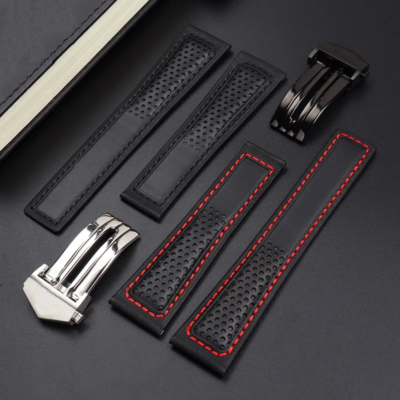 Cow Leather Watch Strap 22mm Watchband For Tag Heuer Fiyta Tissot Watch Band Red Stitches Genuine Leather Bracelet High Quality