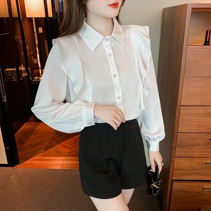 Модная женская рубашка с отложным воротником и оборками полосатая шифоновая