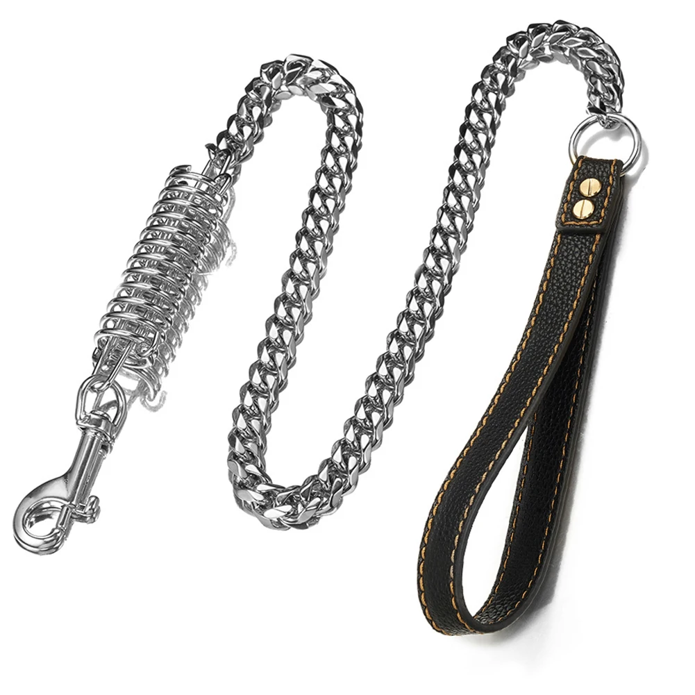 

39" Dog Leash Stainless Steel Collar Anti Lost Safety Practical Walking With Damping Spring Thick Curb Chain Traction Rope