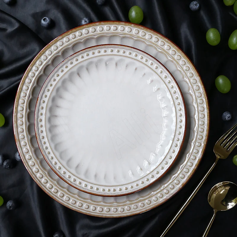 

European Ceramic Plate Dining Room Desktop Creative Relief Fruit Salad Plates Retro Western Steak Dish Home Kitchen Tableware