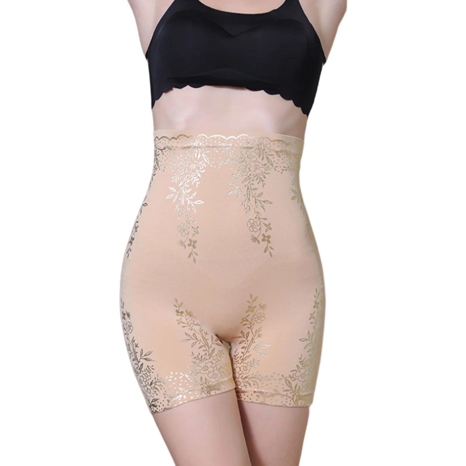 

High Waist Body Shaping Golden Floral Printed Tunic Pants Tummy Control Women Bodycon Pants Stretch Butt Lifting Shapewear Suit
