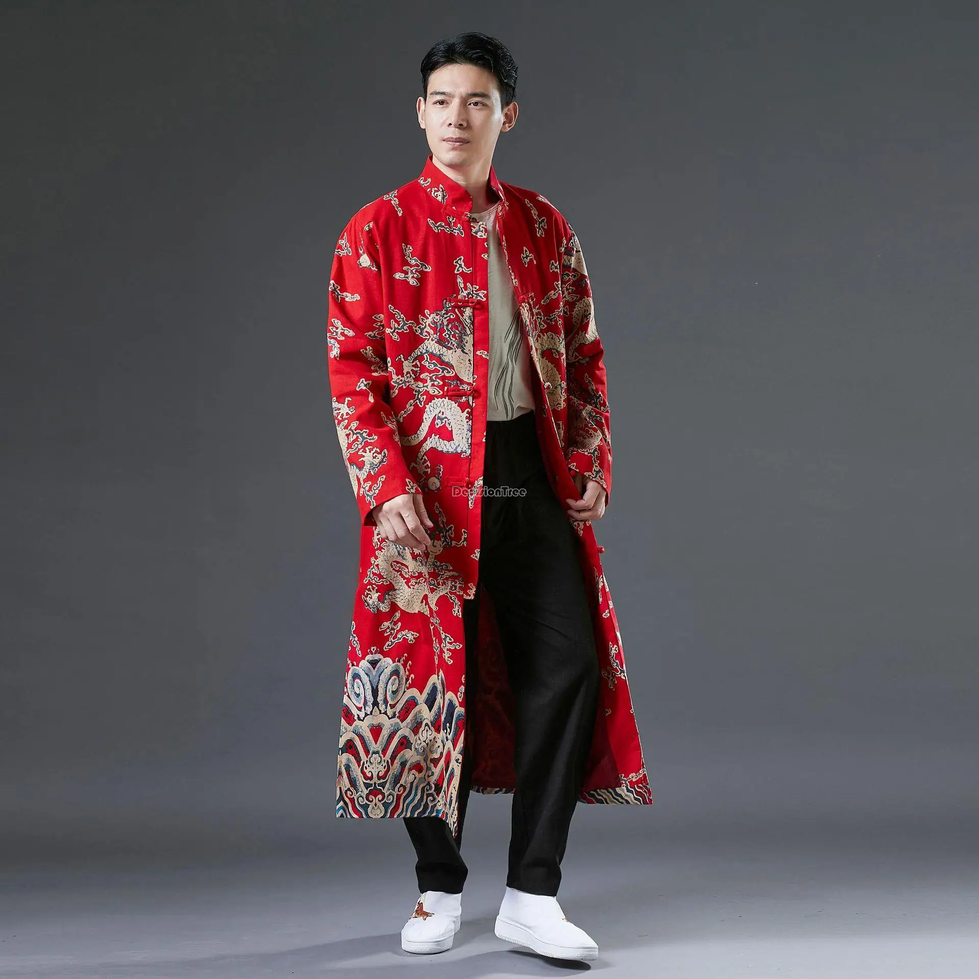 

2022 new chinese men robe double layer dragon cotton hemp disc button cardigan loose stand collar chinese style long robe q53