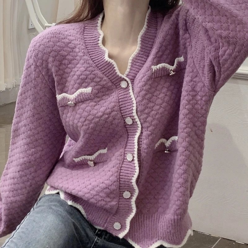 

Knitted Cardigan Sweater Women 2023 Korean Fashion V-Neck Casual Pocket Purple Sweater Sweet Loose Spring Autumn Female Clothing