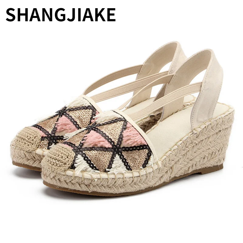 

New Women Wedges Espadrilles Sandals Straw Linen Female Wedges Fisherman Shoes Woman Sequins Platform High Heel Women's Sandals
