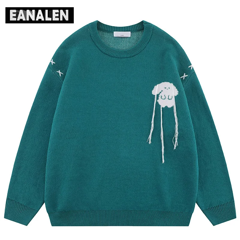 

Harajuku Blue Black Cartoon Anime Jumper Pullover Profile Sweater Men's Street Vintage Grandpa Ugly Knit Sweater Women's y2k