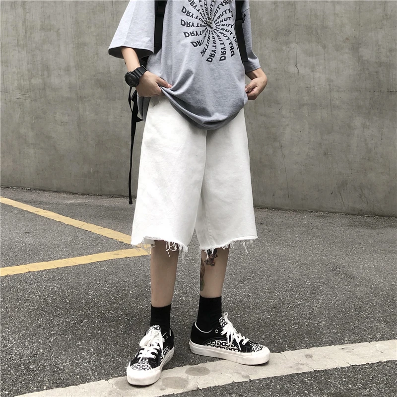 Tattered Raw Edge White Denim Shorts Men's Summer Outer Wear Trendy Five-point Pants Ins Ruffian Handsome Pants Clothes