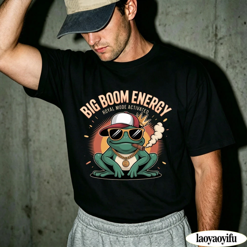 Футболка с графическим принтом Big Boom Energy Cool Gangster Frog, хлопковая повседневная футболка, забавные топы в стиле хип-хоп с животными, подарок для любителей лягушек (art.: 3920db196ac49) - 3920db196ac49