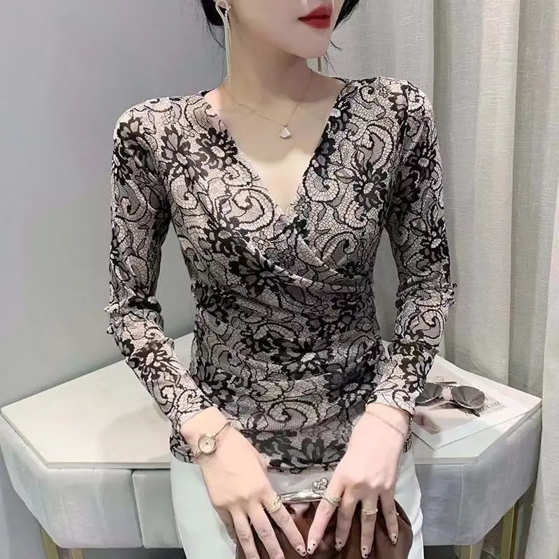 

Autumn Woman T-Shirt Lace Print Mesh Bottoming Shirt Female Warmth Long Sleeve Print Shirts Ladies Basic All-match Top Shirt G70
