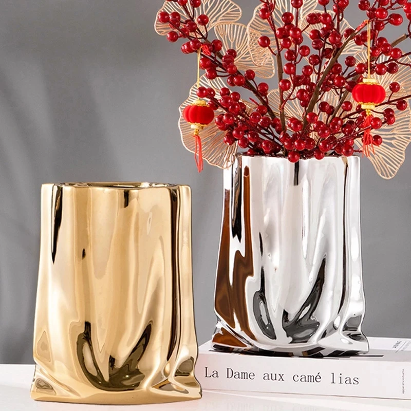 

Nordic Ceramic Vase Creative Draped Cloth Bag Design Flower Pot Electroplating Gold Silver Color Home Furniture Table Decoration