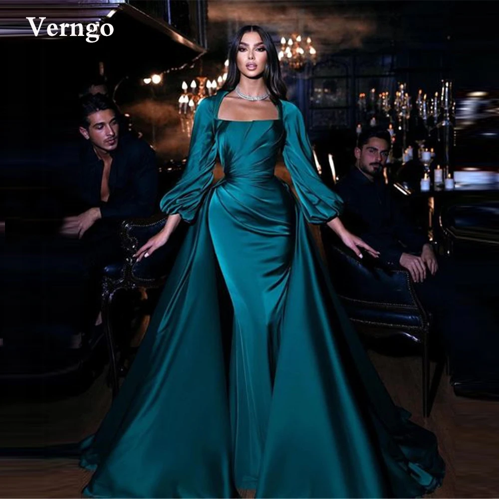 

Verngo Modest Dark Green Satin Long Sleeves Evening Dresses With Detachable Overskirt Square Neck Dubai Women Formal Prom Dress