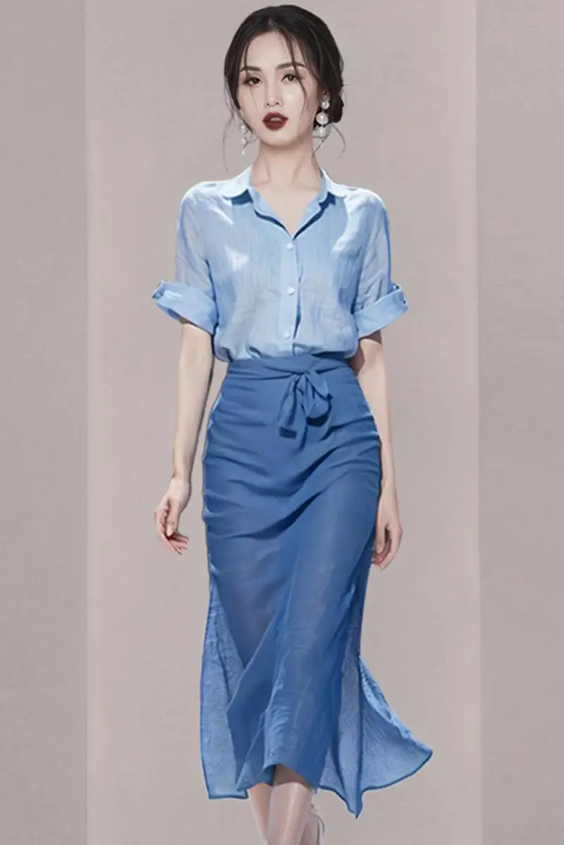 Женский Повседневный костюм с юбкой голубой топ и юбка завышенной талией