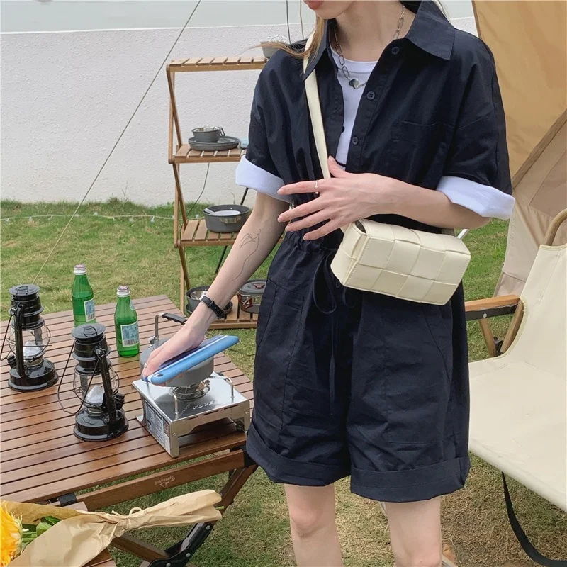 New Fashion Korean Summer Casual Loose Short Sleeve One-piece Shorts Drawstring Lace Workwear One-piece Shorts Women's Clothing