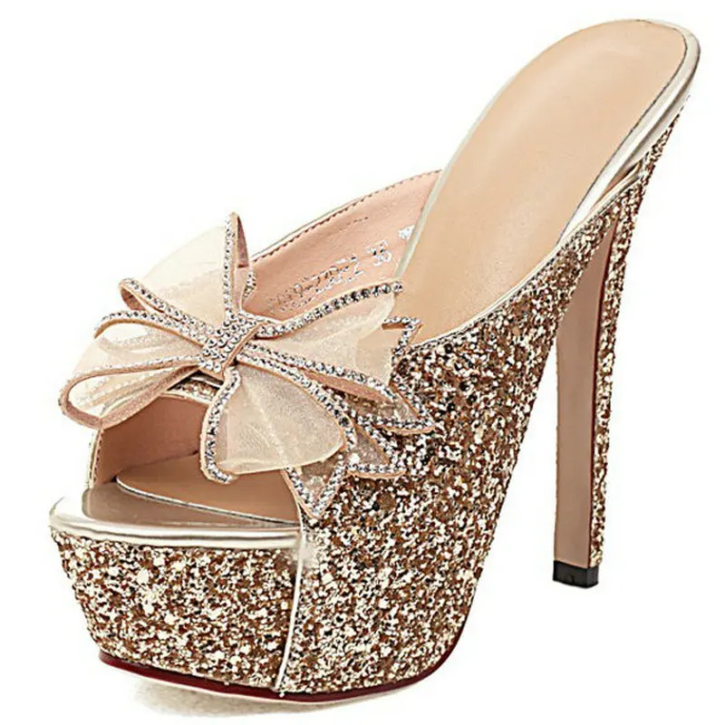 

Женские блестящие туфли без задника, босоножки золотого и серебряного цвета с открытым носком, на тонком высоком каблуке, шлепанцы с бантом-...