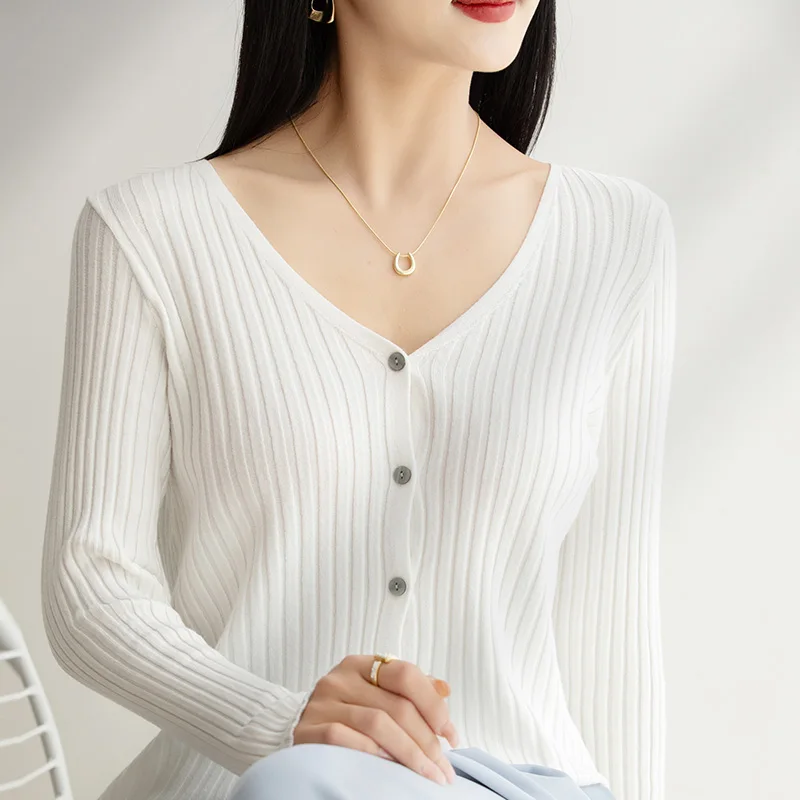 

Han Fan Versatile Knitted Cardigan Women's V-Neck Long Sleeve 2023 Spring And Autumn New Pure Colour Button Slim Fit Design Top