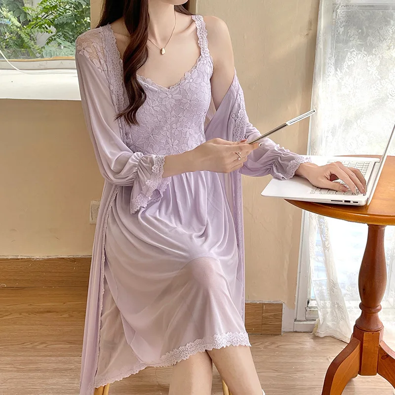 

Sexy Mesh Nightdress Sweet Solid Color Robe Sets Fairy 2 Piece Pijamas Women Night Dress Cute Princess Sleepwear Nightwear