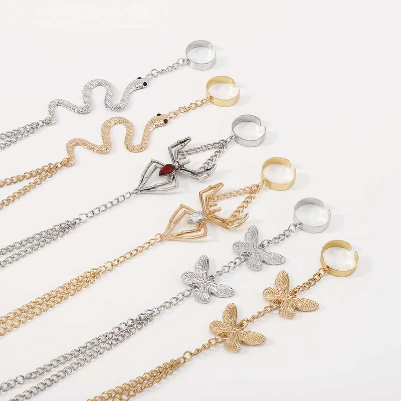 Винтажное кольцо-бабочка в стиле панк с браслетом звеньями цепью на запястье