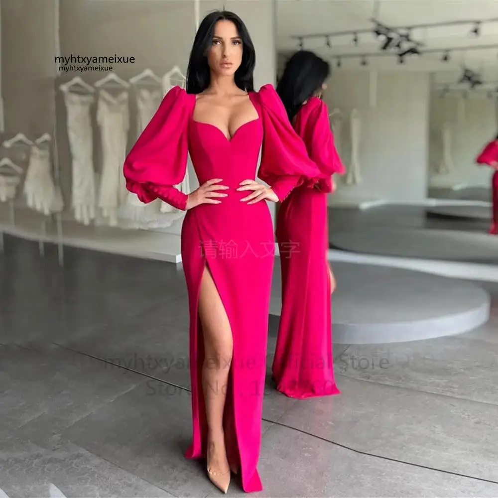 Sexy Fuchsia Long Puffy Sleeves Evening Dresses 2023 Slit Side Soft Elastic Satin Prom Gown Special Occasion Party Gowns