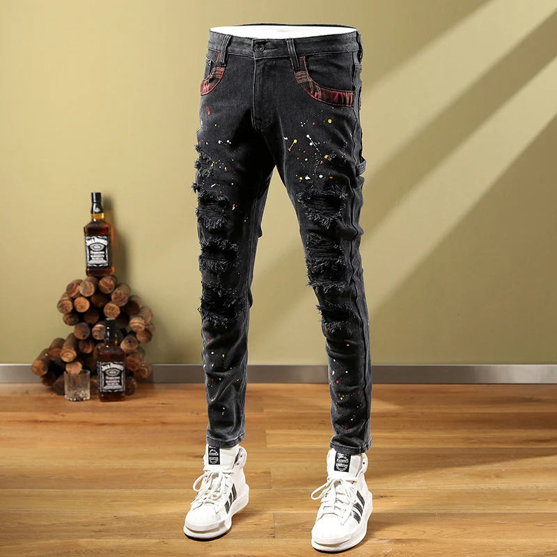 Street Fashion Men Jeans Retro Black Gray Elastic Stretch Slim Fit Ripped Jeans Men Painted Designer Multi Pockets Hip Hop Pants