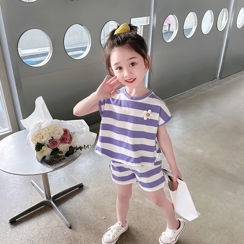 

Summer Children Sets Sweet Kids Set Short Sleeve Floral Striped Shirts Shorts 2pcs Summer Baby Clothing Girls Outfit