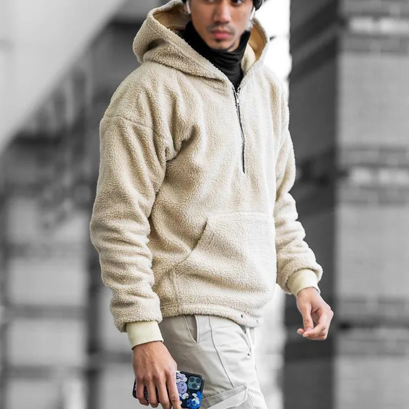 

European and American men's clothing solid color loose hooded plush hoodie men's jacket casual coat
