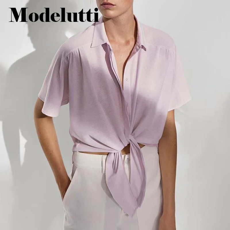 

Modelutti 2022 New Summer Fashion Short Sleeve Tie Knot Shirt Women Solid Blouses Simple All-match Smock Casual Tops Female