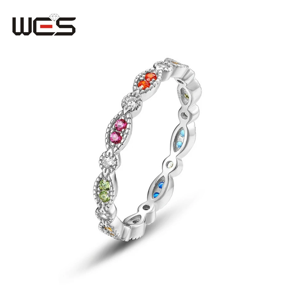 

WES 925 Sterling Silver Rings for Women Rainbow Crystal Colorful Zicron 1.5*1.5mm Engagement Birthday Gift Fine Jewelry Elegant